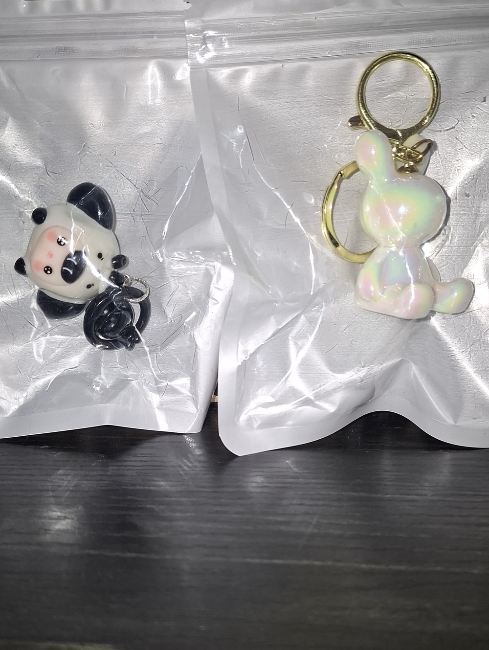 Iridescent White Bunny Pet Toy Keychain with Gold Hardware